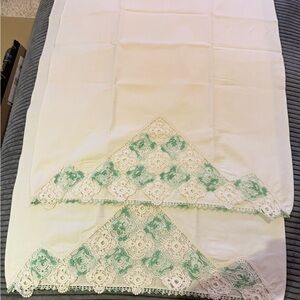 Vintage white pillowcases with Green Lace Accents set of 2